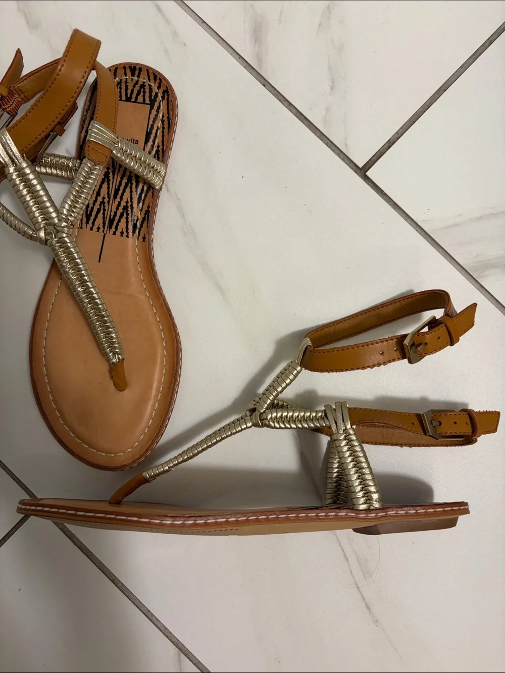 Dolce Vita Braided Metallic T-Strap Brown Sandals - Women's Casual Summer Shoe
